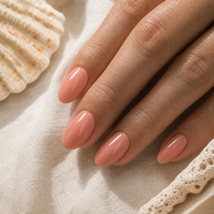 มือทำเล็บสีคอรัลชมพูในแสงธรรมชาติ