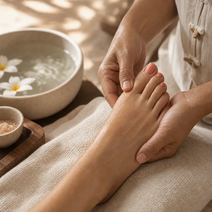 มือนักบำบัดนวดเท้าบนผ้าลินินสีครีม